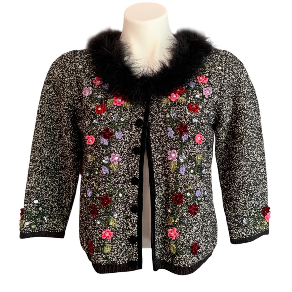 Vintage Embellished 90’s Cropped Art to Wear Fur Collar Funky Cardigan Sz S